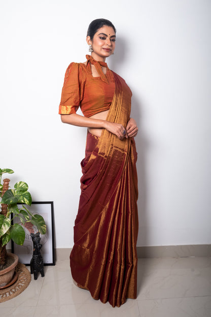 Brown Rust Cotton Tissue Saree