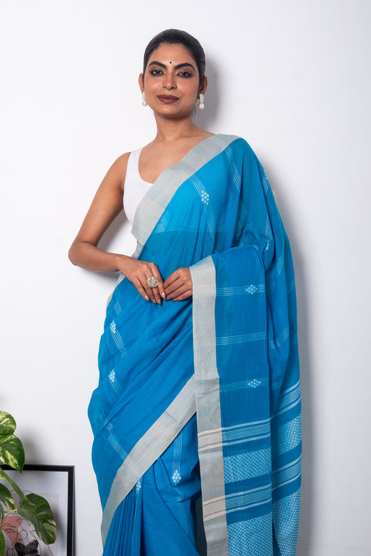 Blue Handwoven Cotton Saree with Jamdani Motifs