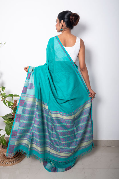 Sea Blue Handwoven Cotton Saree with Jamdani Palla