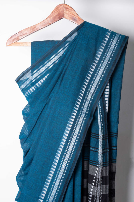 Blue Cotton Dhaniakhali Saree with White Thin Borders