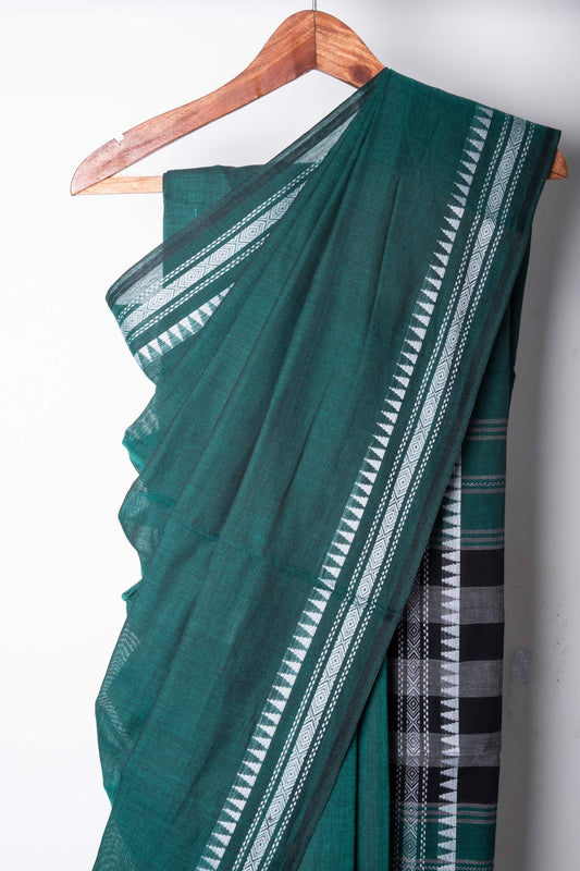 Green Cotton Dhaniakhali Saree with White Thin Borders