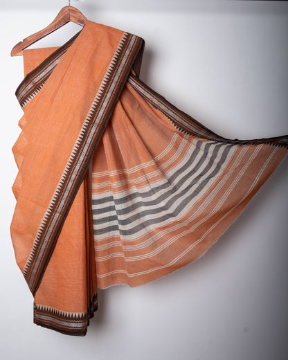 Rust Cotton Dhaniakhali Saree with Brown and Black Thin Woven Borders