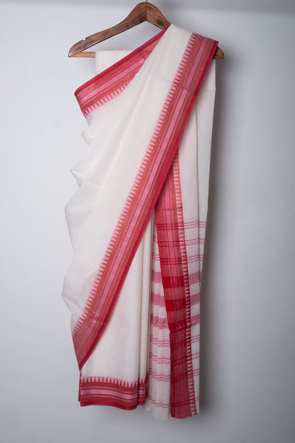 White Cotton Dhaniakhali Saree with Red Thin Woven Borders