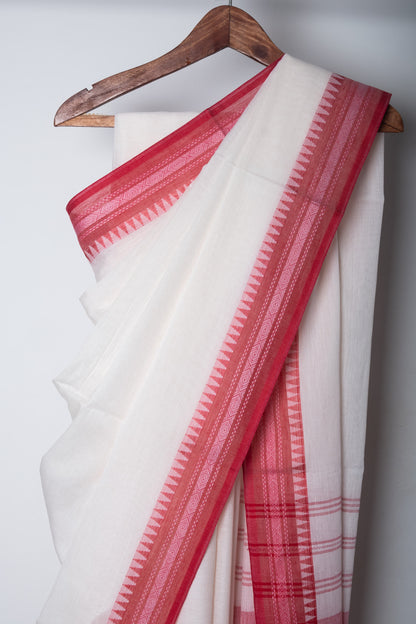 White Cotton Dhaniakhali Saree with Red Thin Woven Borders