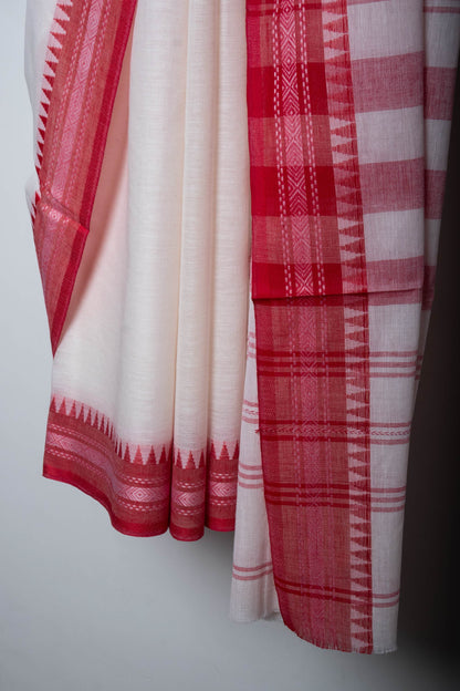 White Cotton Dhaniakhali Saree with Red Thin Woven Borders