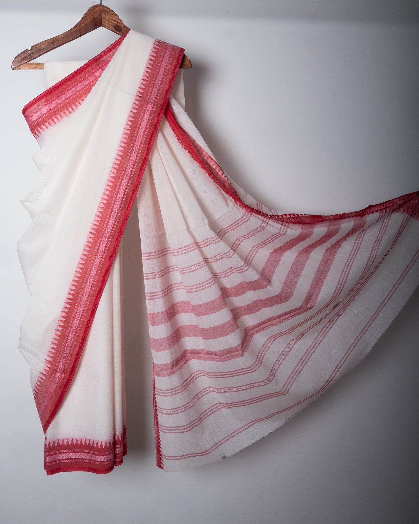 White Cotton Dhaniakhali Saree with Red Thin Woven Borders