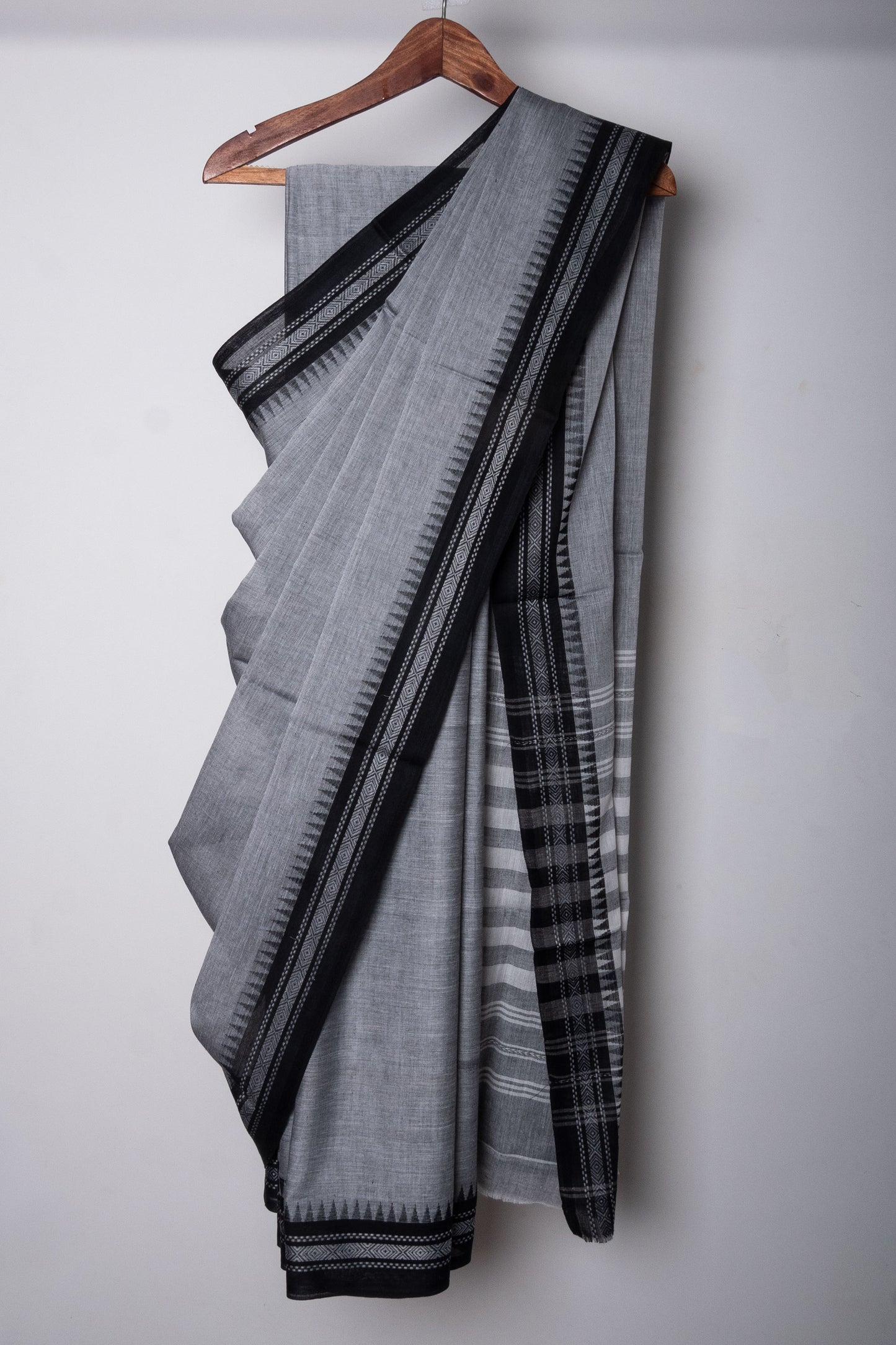 Grey Cotton Dhaniakhali Saree with Black Thin Woven Borders