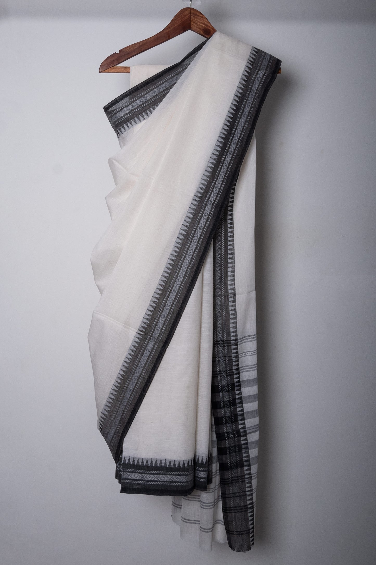 White Cotton Dhaniakhali Saree with Black Thin Woven Borders