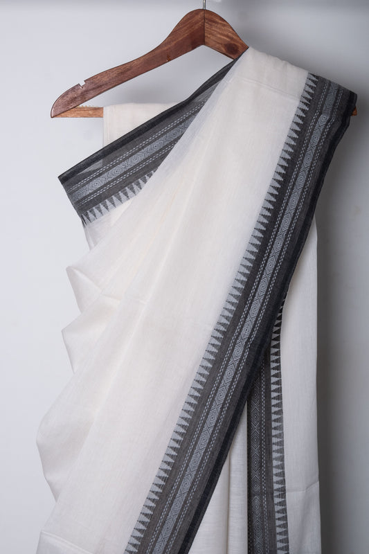 White Cotton Dhaniakhali Saree with Black Thin Woven Borders