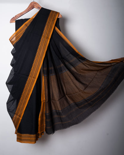 Black Cotton Dhaniakhali Saree with Yellow Thin Woven Borders