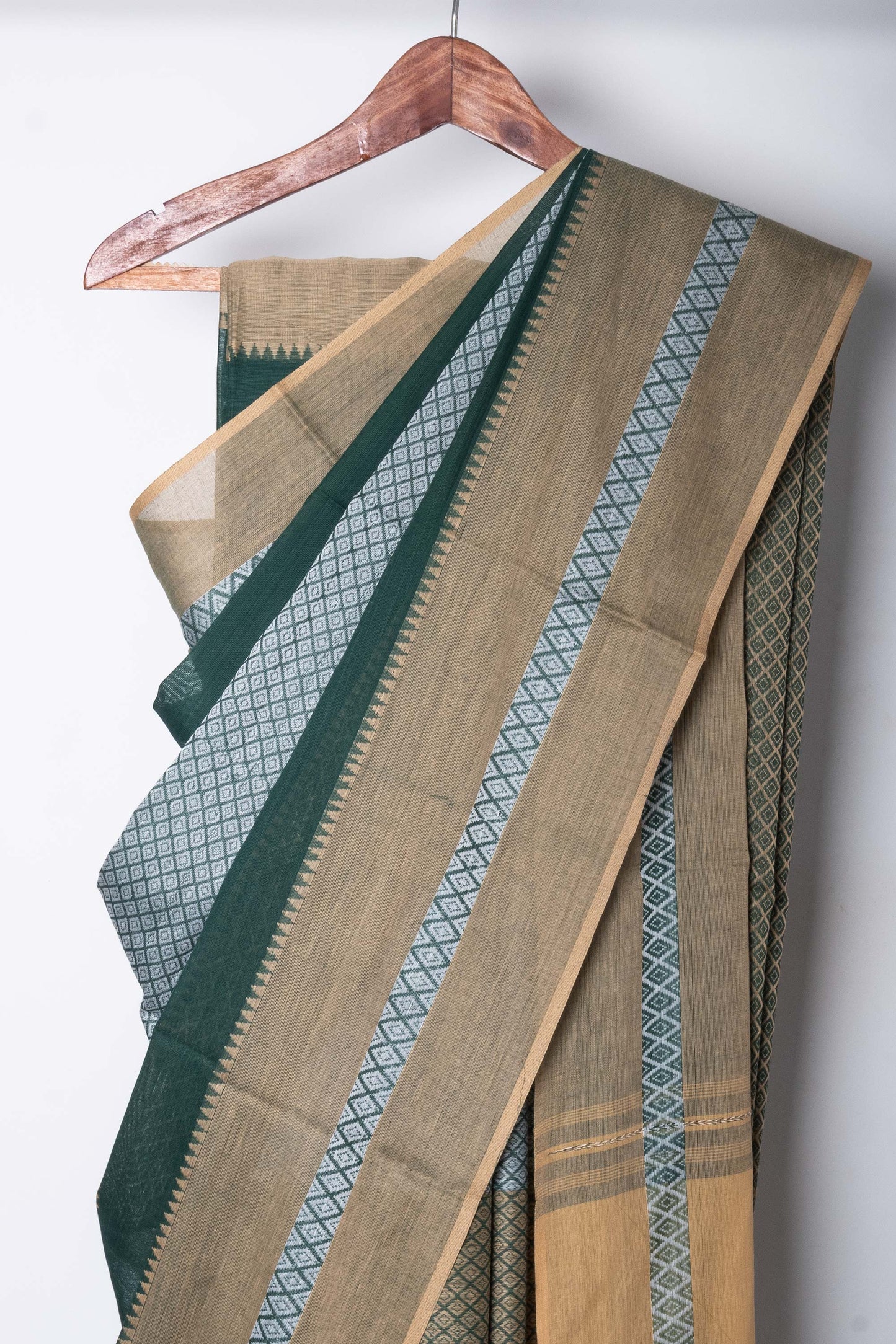 Green Beige Cotton Dhaniakhali Woven Naksha Saree