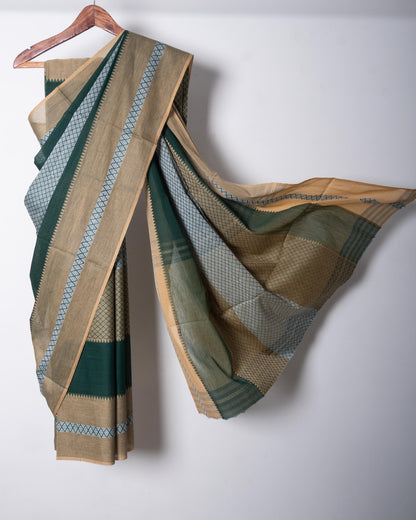 Green Beige Cotton Dhaniakhali Woven Naksha Saree