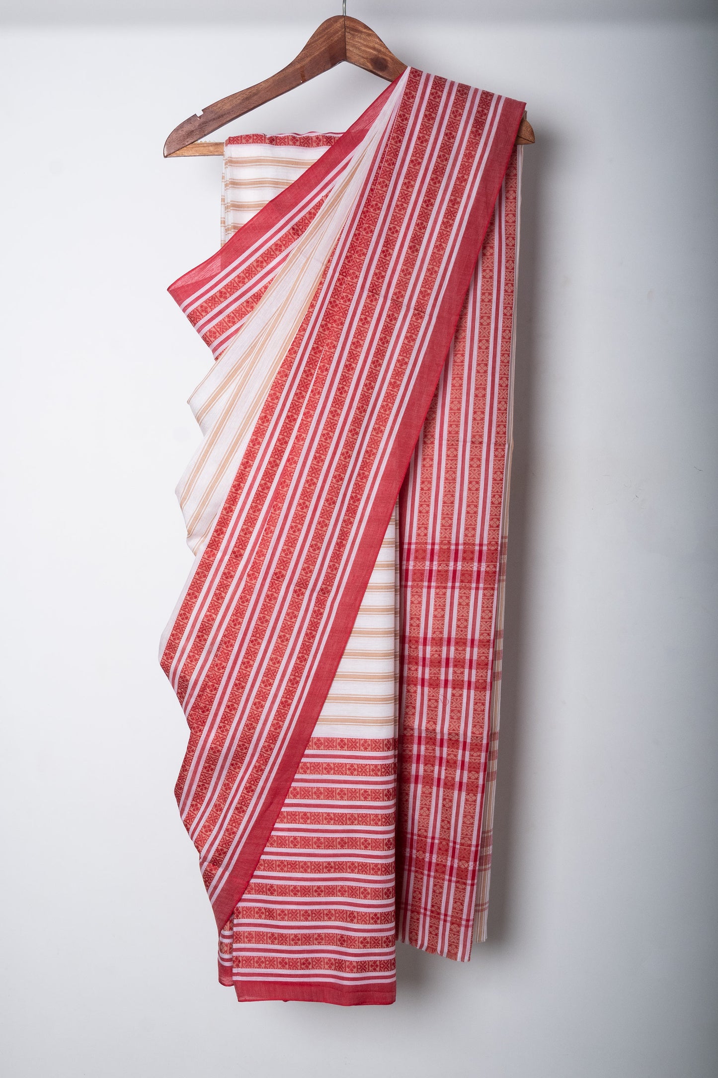 White Beige Stripe Cotton Dhaniakhali Saree With Woven Red Border