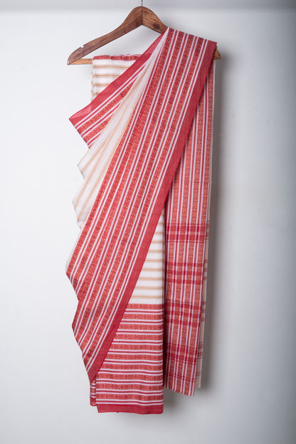 White Beige Stripe Cotton Dhaniakhali Saree With Woven Red Border