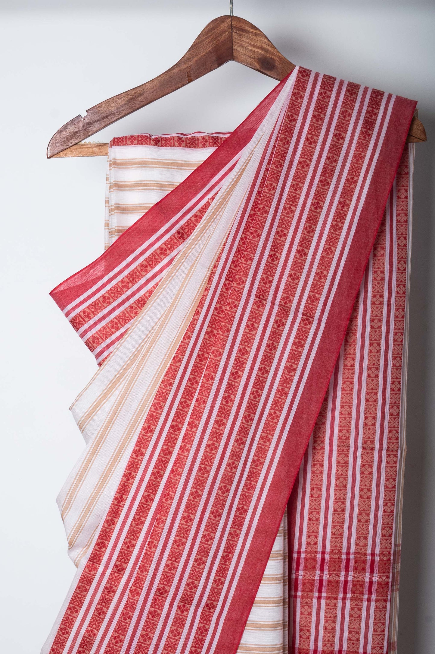 White Beige Stripe Cotton Dhaniakhali Saree With Woven Red Border