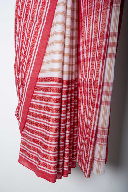 White Beige Stripe Cotton Dhaniakhali Saree With Woven Red Border