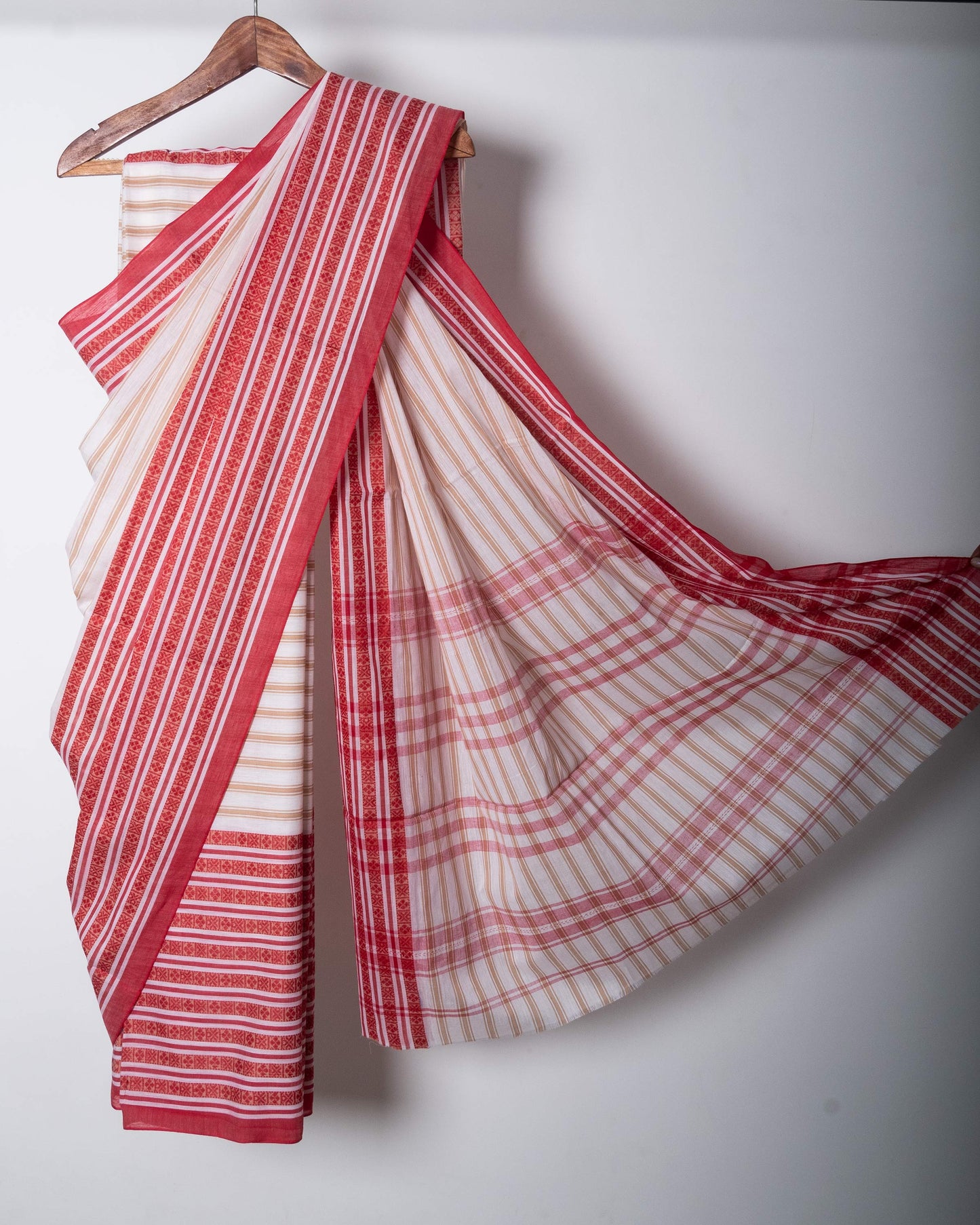 White Beige Stripe Cotton Dhaniakhali Saree With Woven Red Border