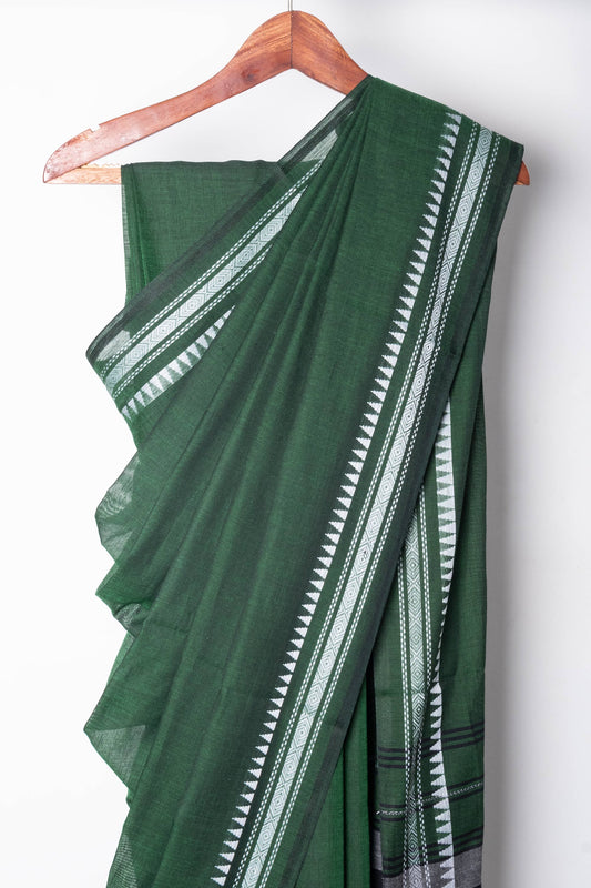 Green Cotton Dhaniakhali Saree with White Thin Borders