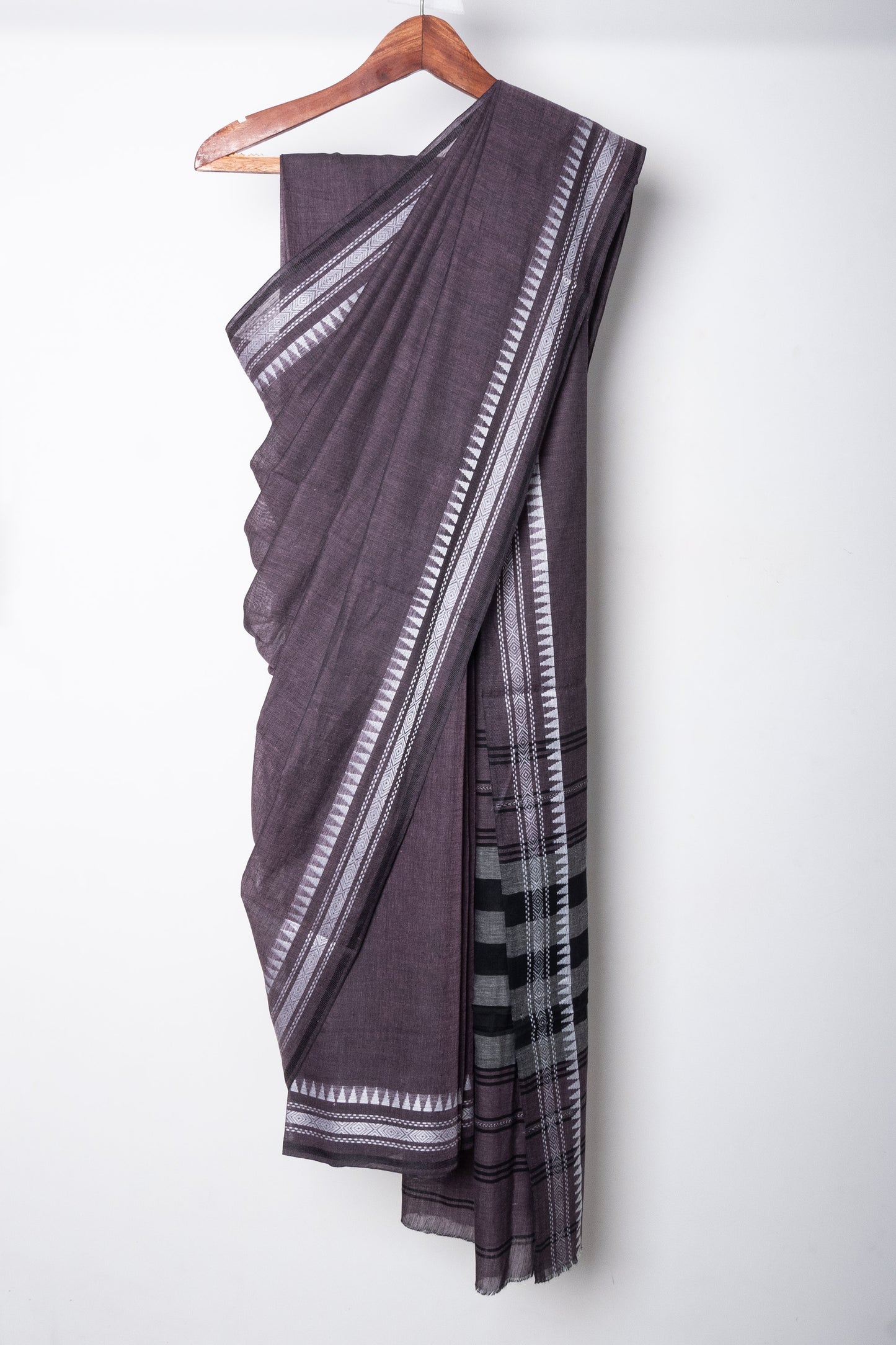 Deep Mauve Cotton Dhaniakhali Saree with White Thin Borders