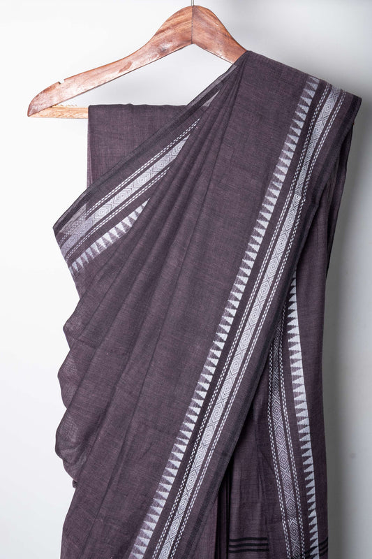 Deep Mauve Cotton Dhaniakhali Saree with White Thin Borders