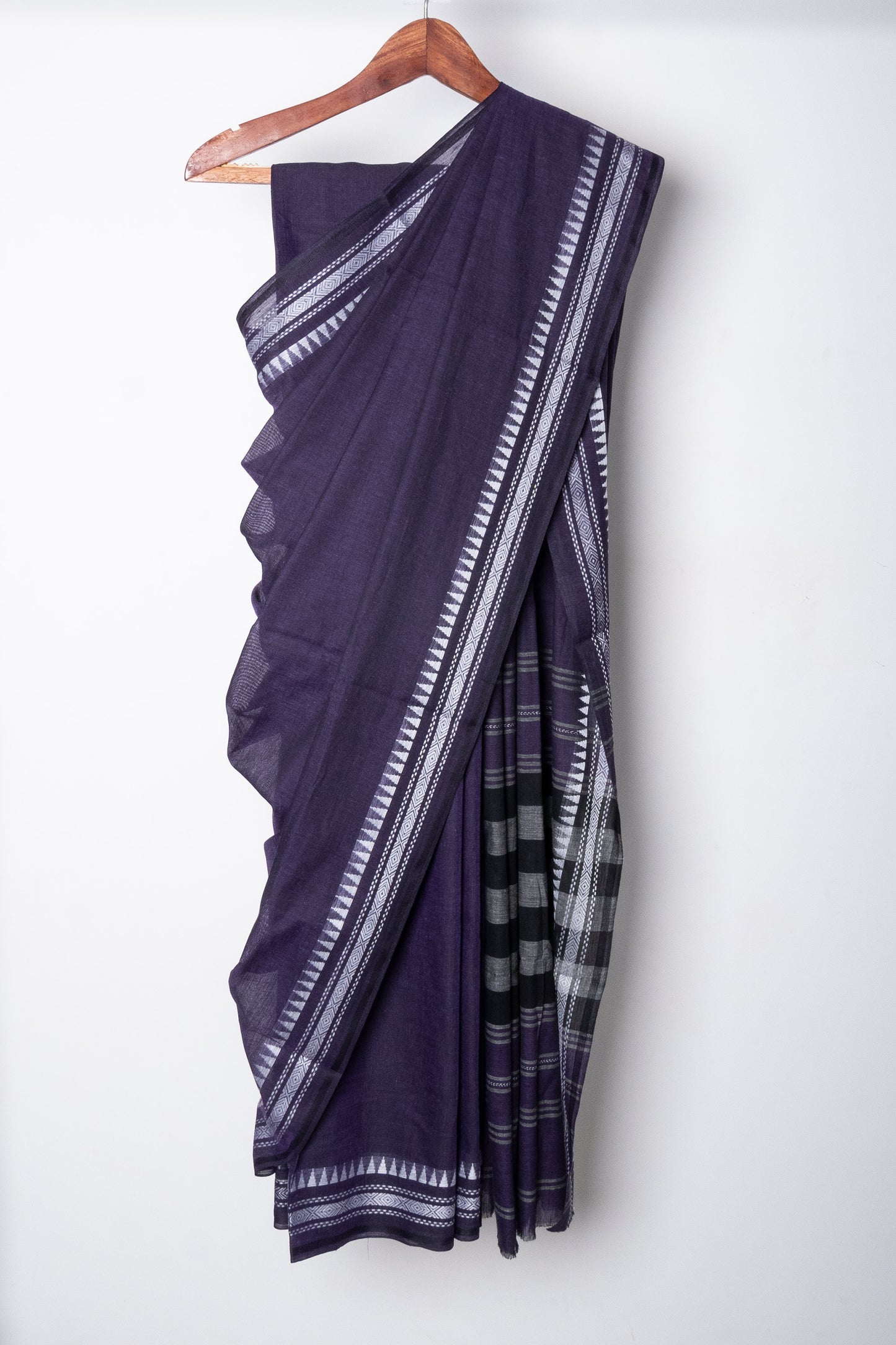 Indigo Cotton Dhaniakhali Saree with White Thin Borders