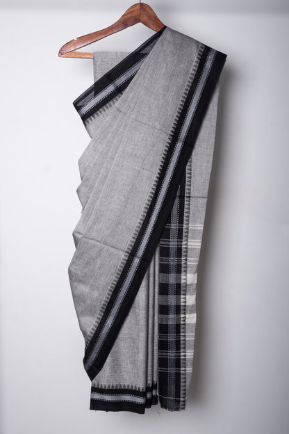 Grey Cotton Dhaniakhali Saree with Black Thin Woven Borders