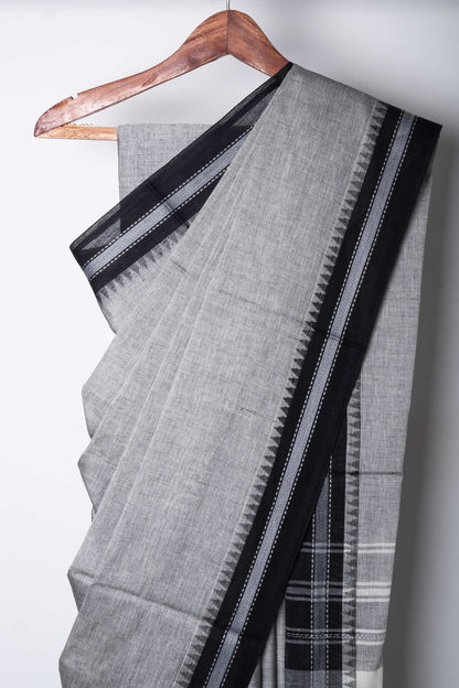 Grey Cotton Dhaniakhali Saree with Black Thin Woven Borders