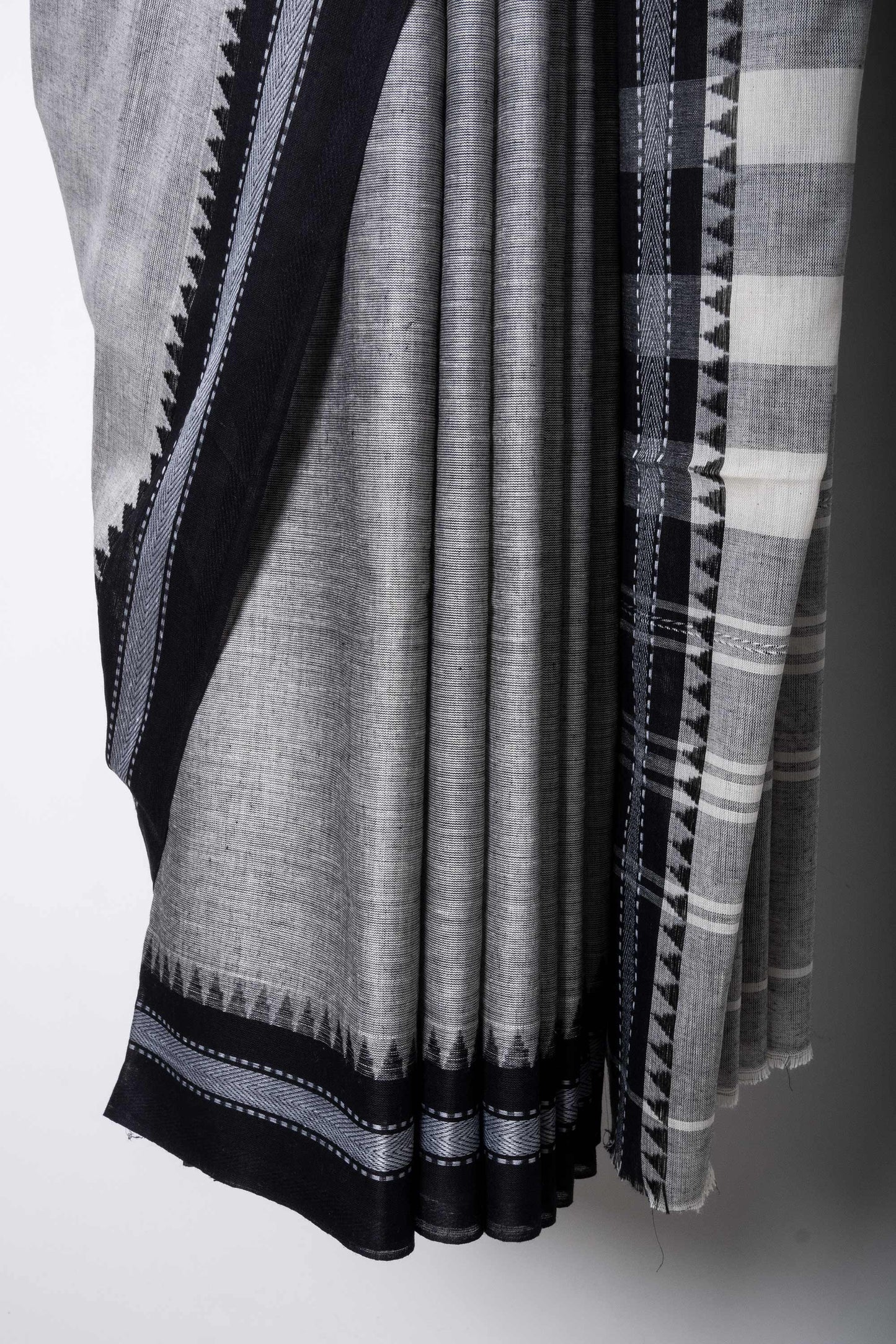 Grey Cotton Dhaniakhali Saree with Black Thin Woven Borders