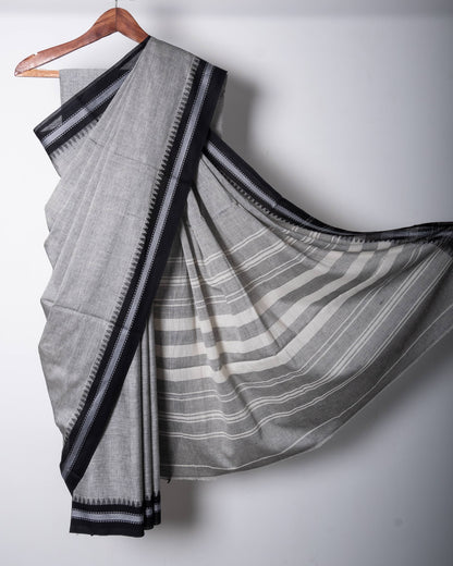 Grey Cotton Dhaniakhali Saree with Black Thin Woven Borders