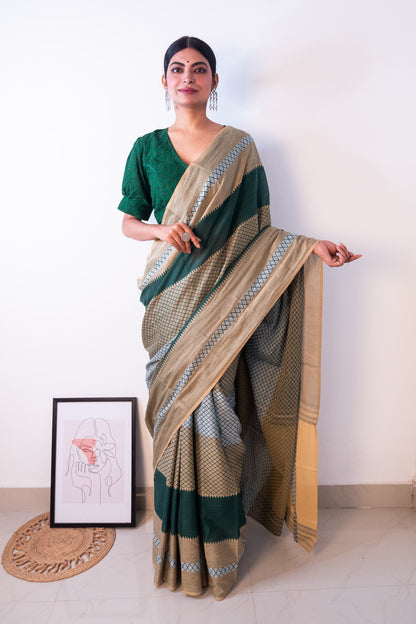 Green Beige Cotton Dhaniakhali Woven Naksha Saree