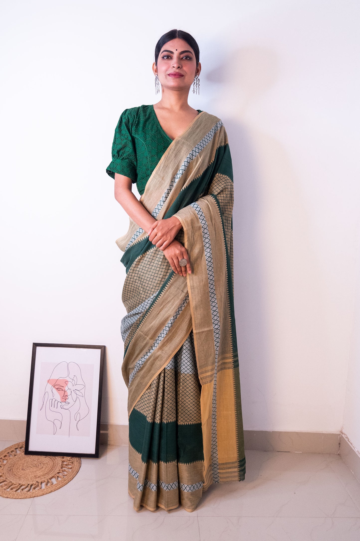 Green Beige Cotton Dhaniakhali Woven Naksha Saree