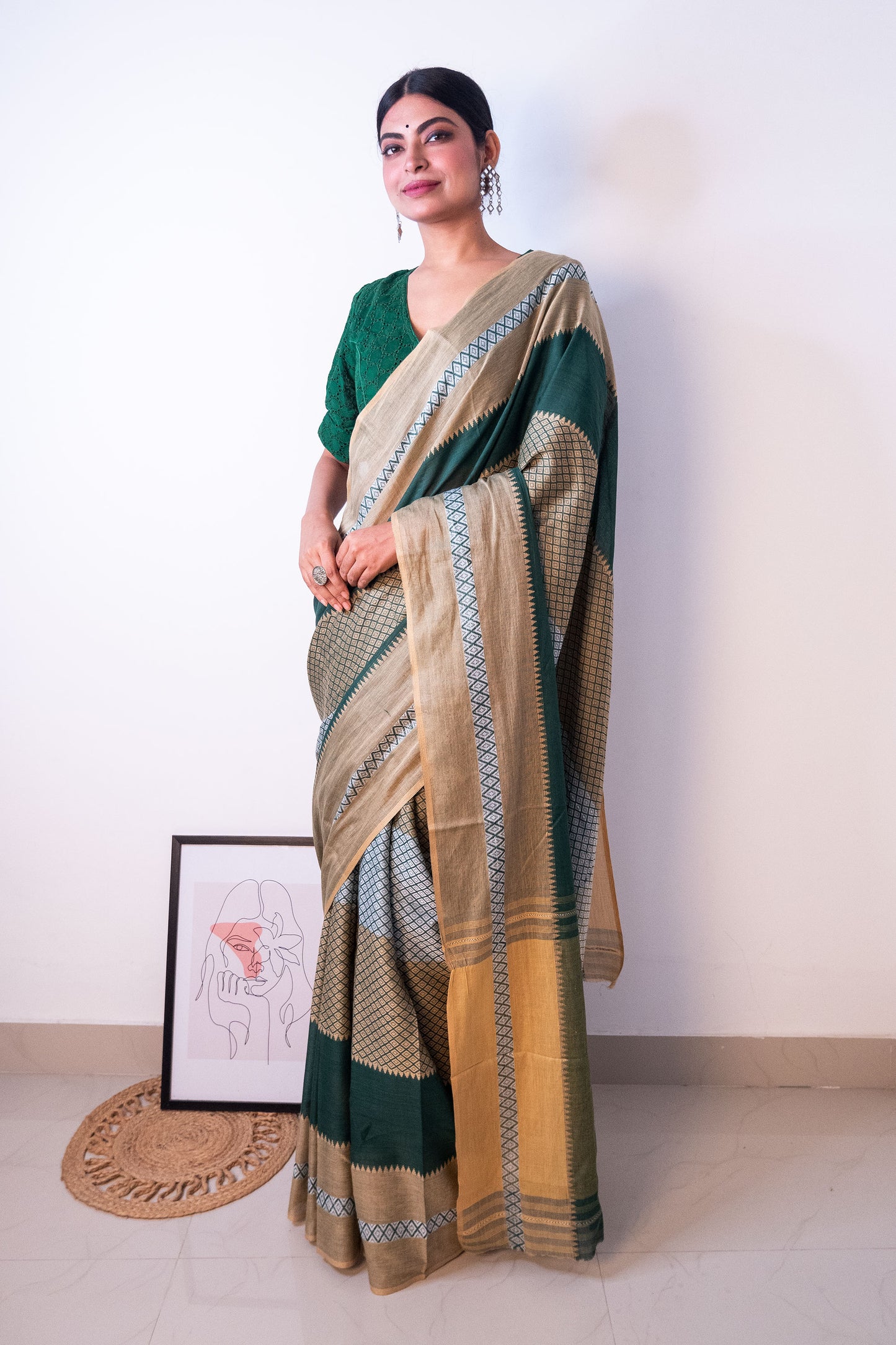 Green Beige Cotton Dhaniakhali Woven Naksha Saree