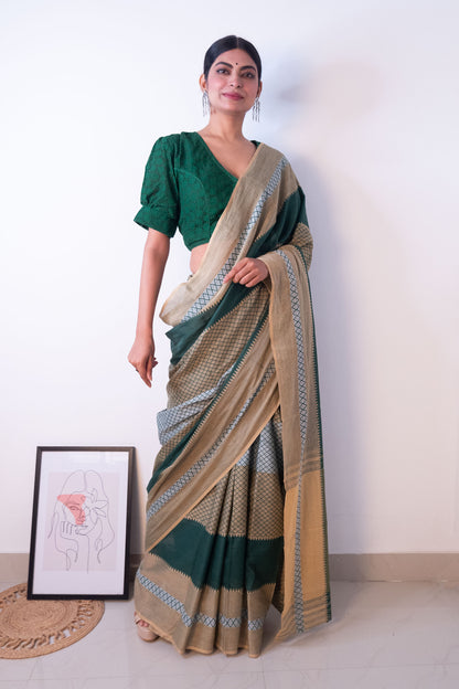 Green Beige Cotton Dhaniakhali Woven Naksha Saree