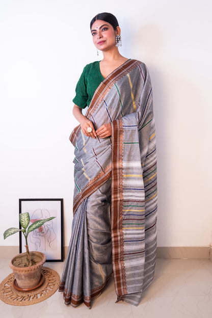 Grey Begumpuri Cotton Handloom Saree with Woven Borders