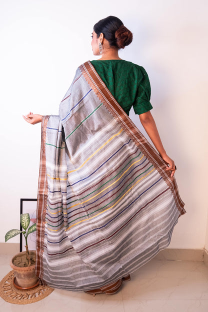 Grey Begumpuri Cotton Handloom Saree with Woven Borders