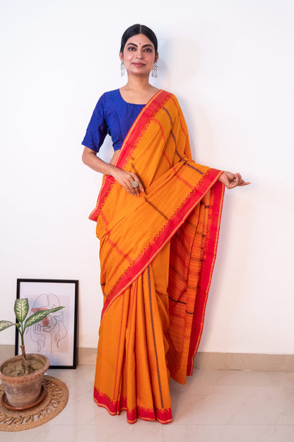 Sunset Yellow Begumpuri Cotton Handloom Saree with Woven Borders