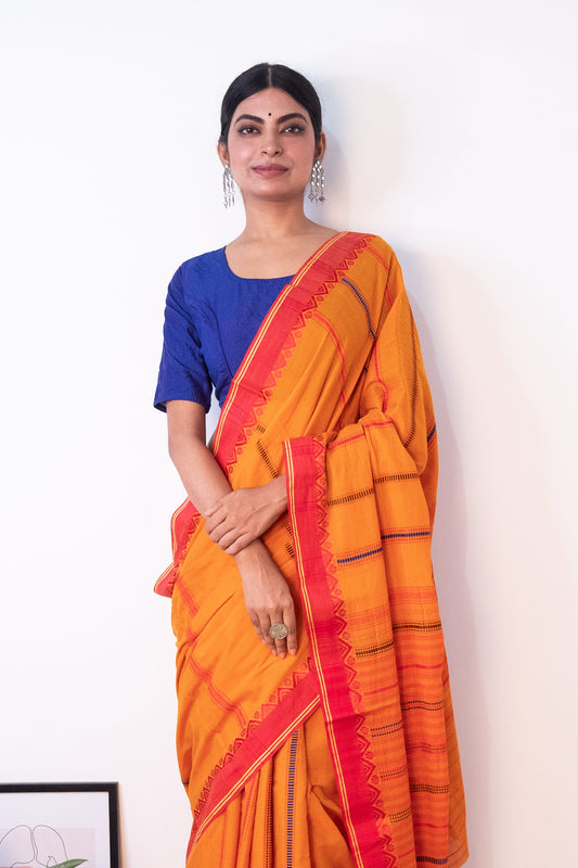 Sunset Yellow Begumpuri Cotton Handloom Saree with Woven Borders