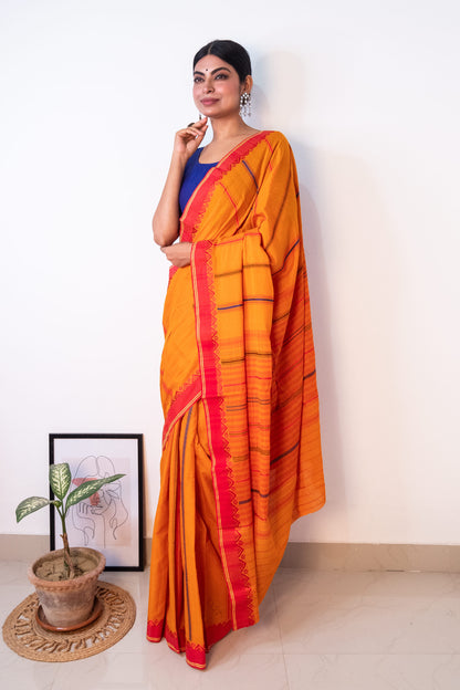 Sunset Yellow Begumpuri Cotton Handloom Saree with Woven Borders