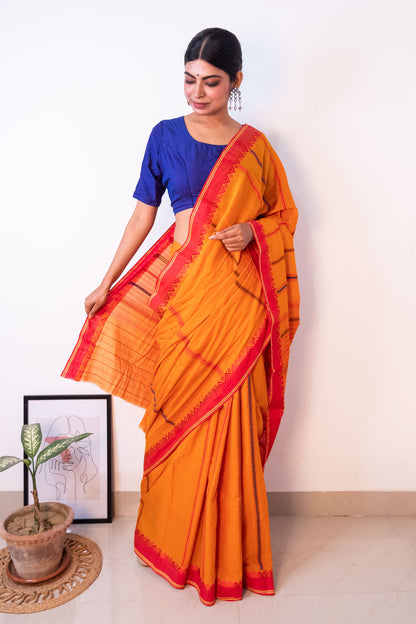 Sunset Yellow Begumpuri Cotton Handloom Saree with Woven Borders