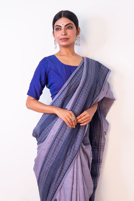 Cloudy Blue Cotton Dhaniakhali Saree with Woven Skirt Borders