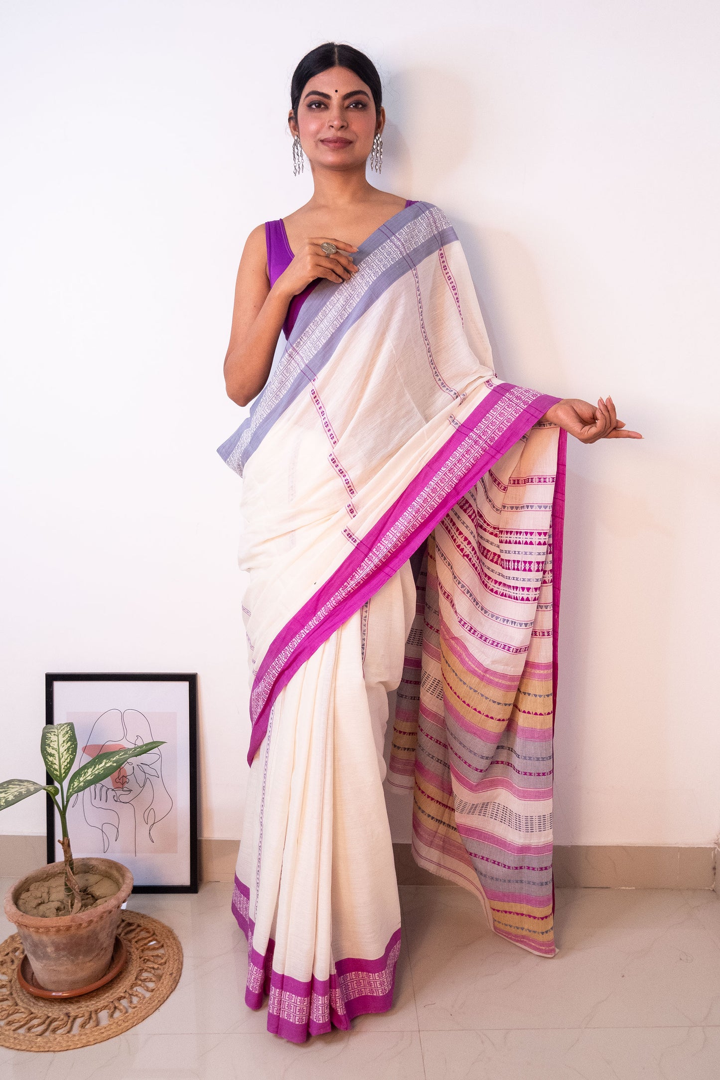 White Begumpuri Cotton Handloom Saree with Ganga Jamuna Borders