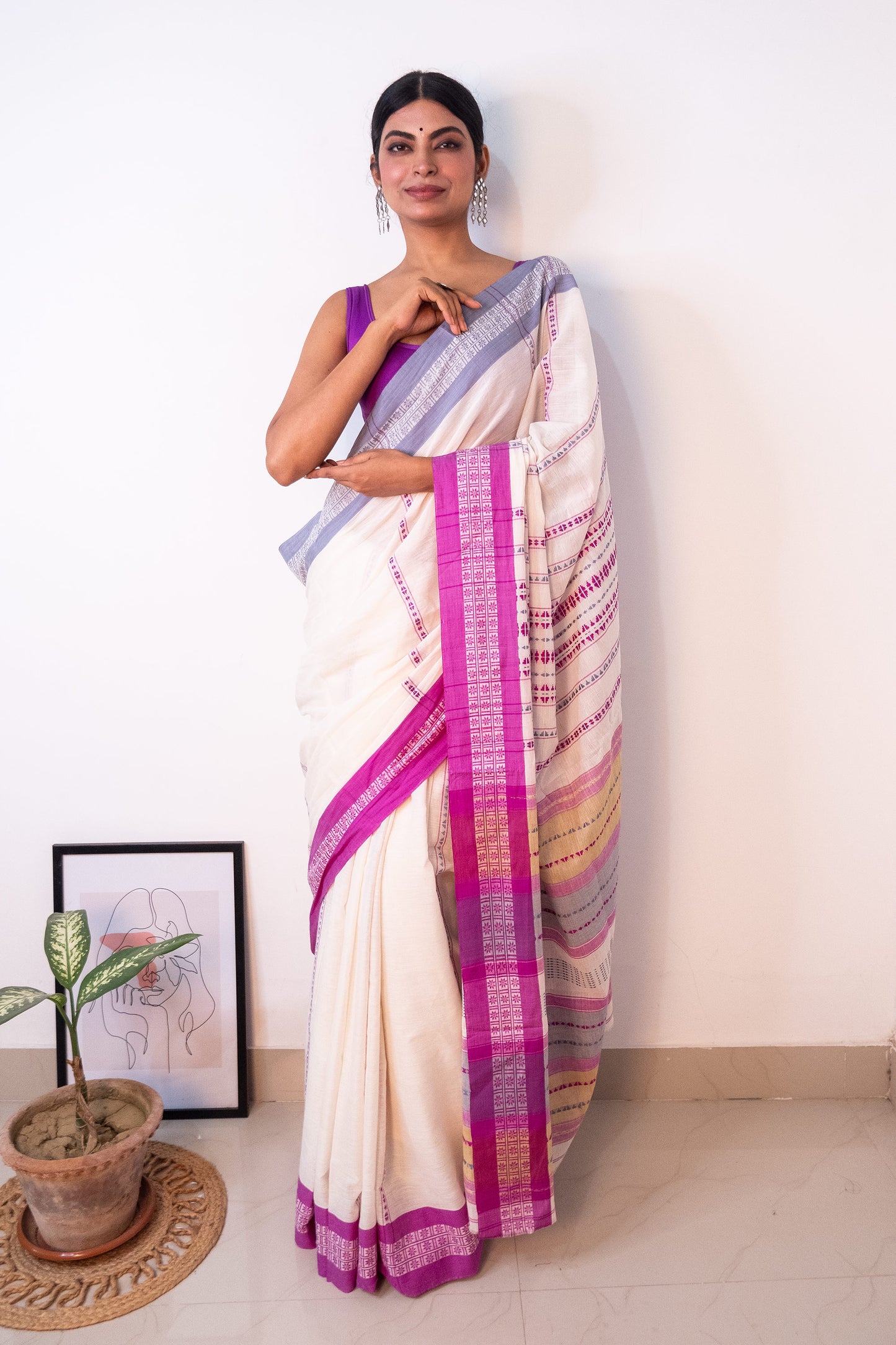 White Begumpuri Cotton Handloom Saree with Ganga Jamuna Borders