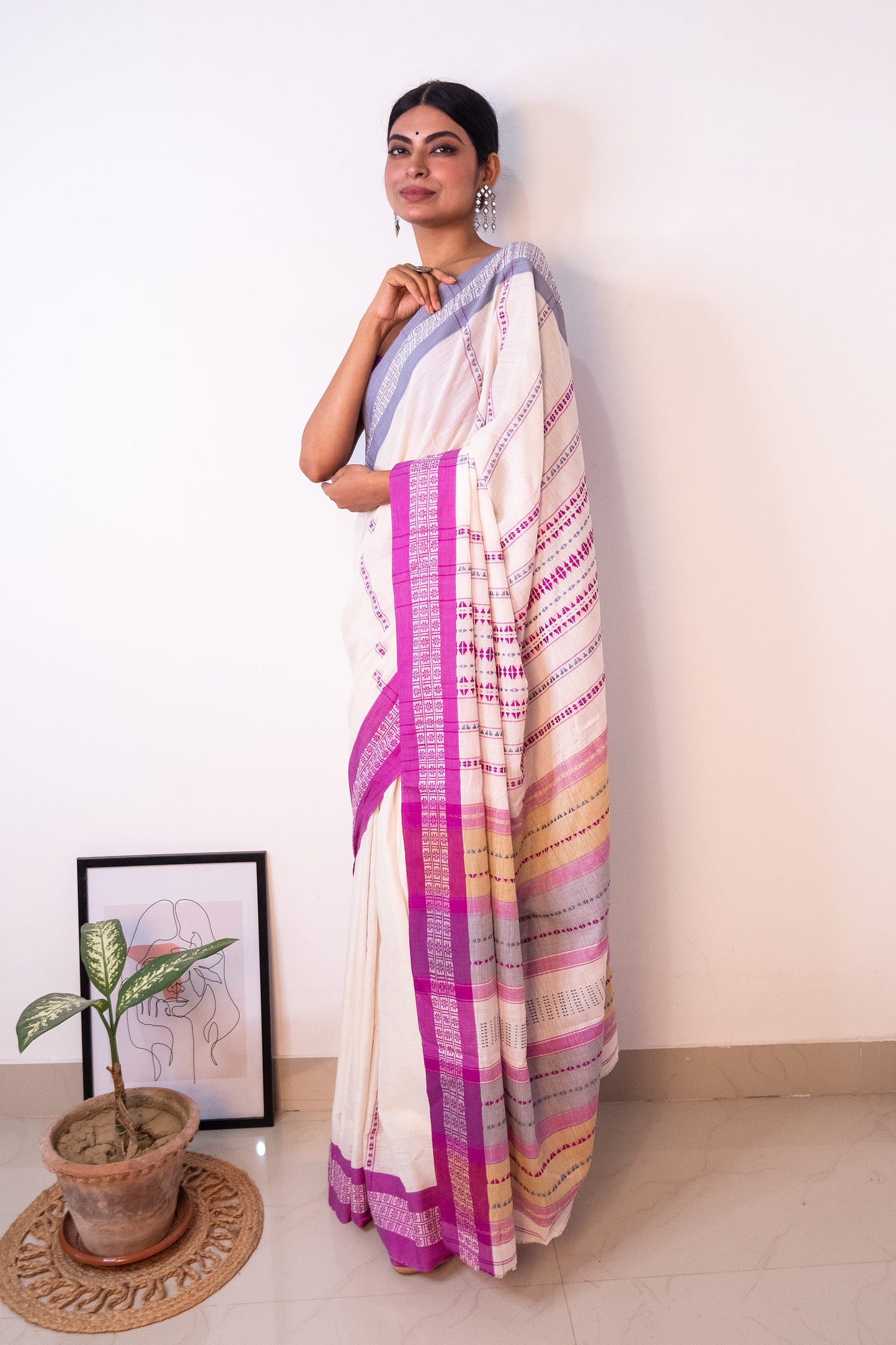 White Begumpuri Cotton Handloom Saree with Ganga Jamuna Borders