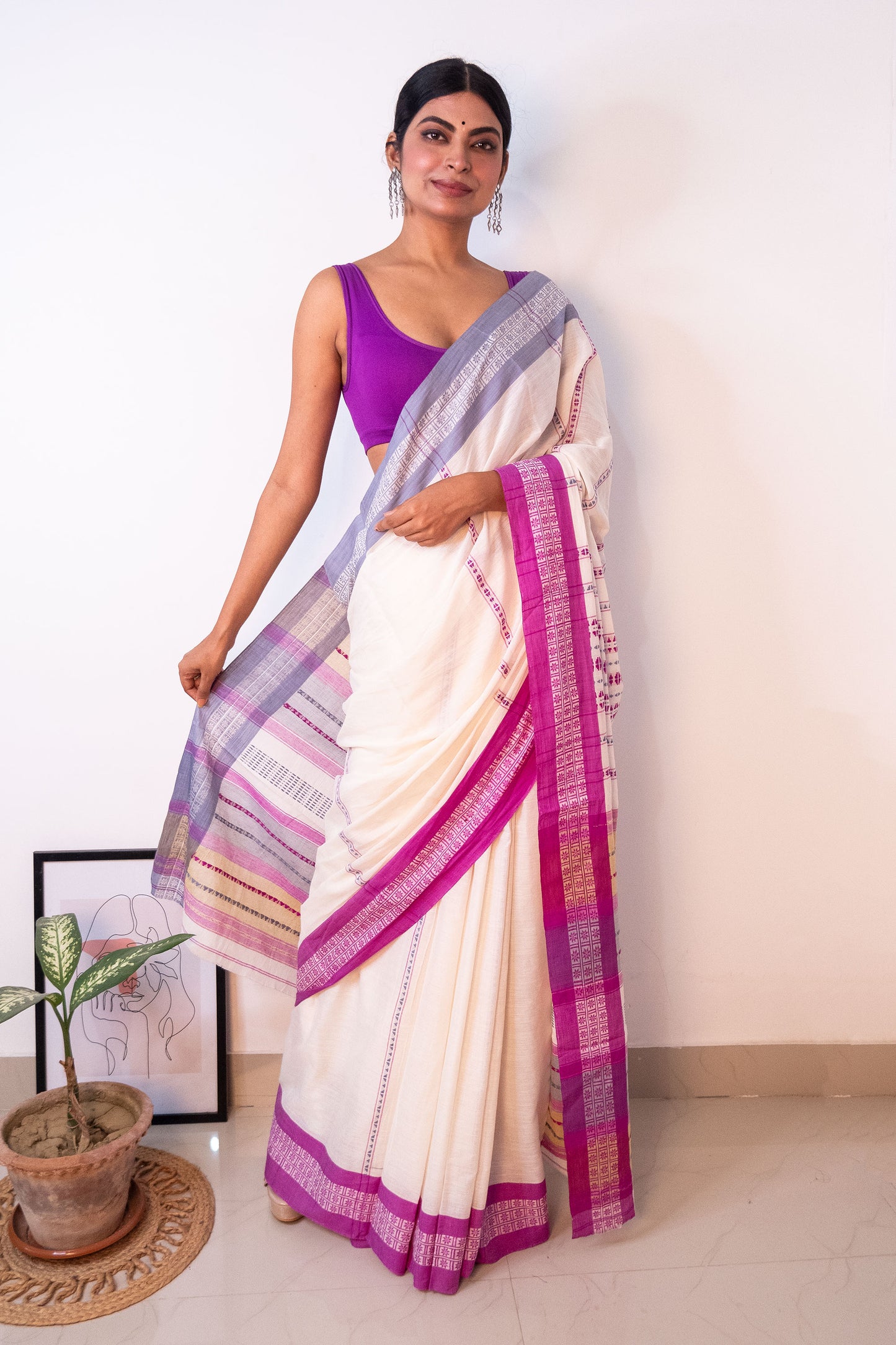 White Begumpuri Cotton Handloom Saree with Ganga Jamuna Borders