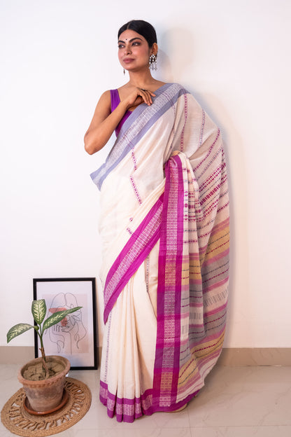 White Begumpuri Cotton Handloom Saree with Ganga Jamuna Borders