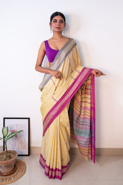 Butter Yellow Begumpuri Cotton Handloom Saree with Ganga Jamuna Borders