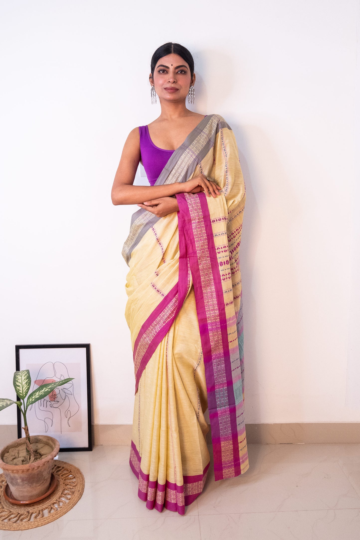 Butter Yellow Begumpuri Cotton Handloom Saree with Ganga Jamuna Borders