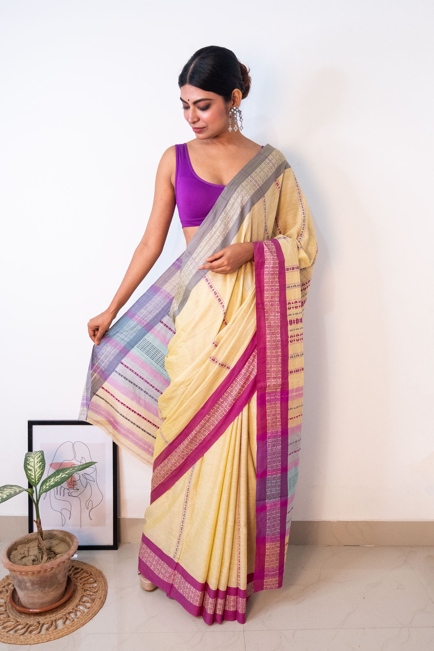 Butter Yellow Begumpuri Cotton Handloom Saree with Ganga Jamuna Borders