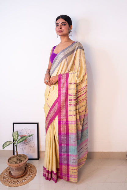 Butter Yellow Begumpuri Cotton Handloom Saree with Ganga Jamuna Borders