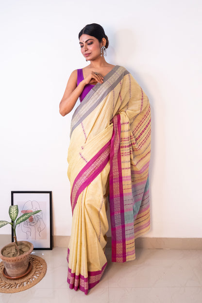 Butter Yellow Begumpuri Cotton Handloom Saree with Ganga Jamuna Borders